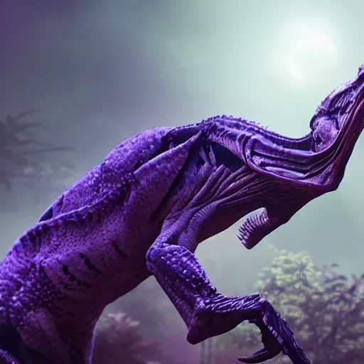 Image similar to stunning reptilian raptor-like alien creature, dark and mysterious, stopped in time, atmospheric, alien jungle, purple floral eerie, cinematic, Epic, 8k, 4k, ultra detail, ultra realistic, rendered by awesomeness