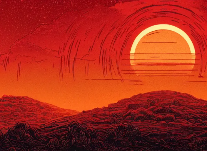 Image similar to an illustration of a red sun in a cloudy sky, an illustration by dan mumford, deviantart, apocalypse landscape, illustration