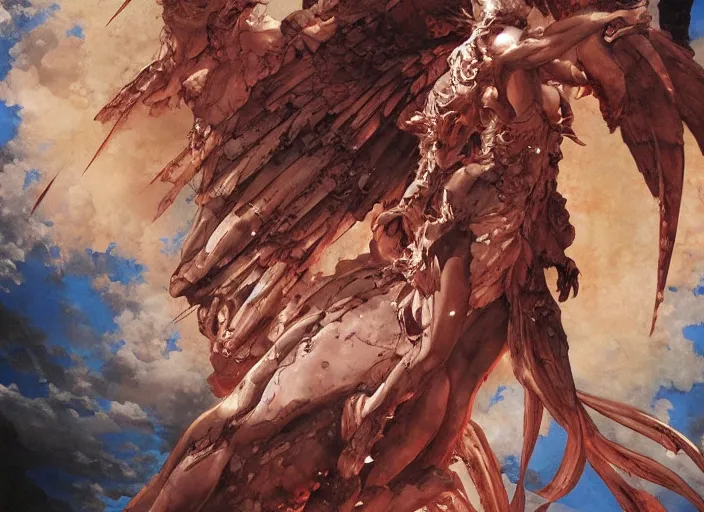 Image similar to monumental angel by yoshitaka amano, katsuhiro otomo, and erik jones, inspired by akira anime, smooth texture, intricate oil painting, high detail illustration, sharp high detail, manga and anime 1 9 9 9