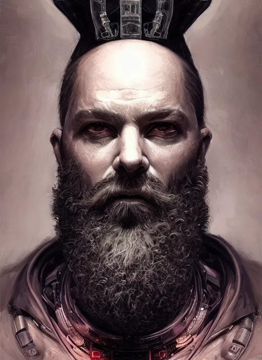 Prompt: portrait of a cyberpunk bearded king, grim - lighting, high - contrast, intricate, elegant, highly detailed, centered, digital painting, artstation, concept art, smooth, sharp focus, illustration, artgerm, tomasz alen kopera, peter mohrbacher, donato giancola, joseph christian leyendecker, wlop, boris vallejo