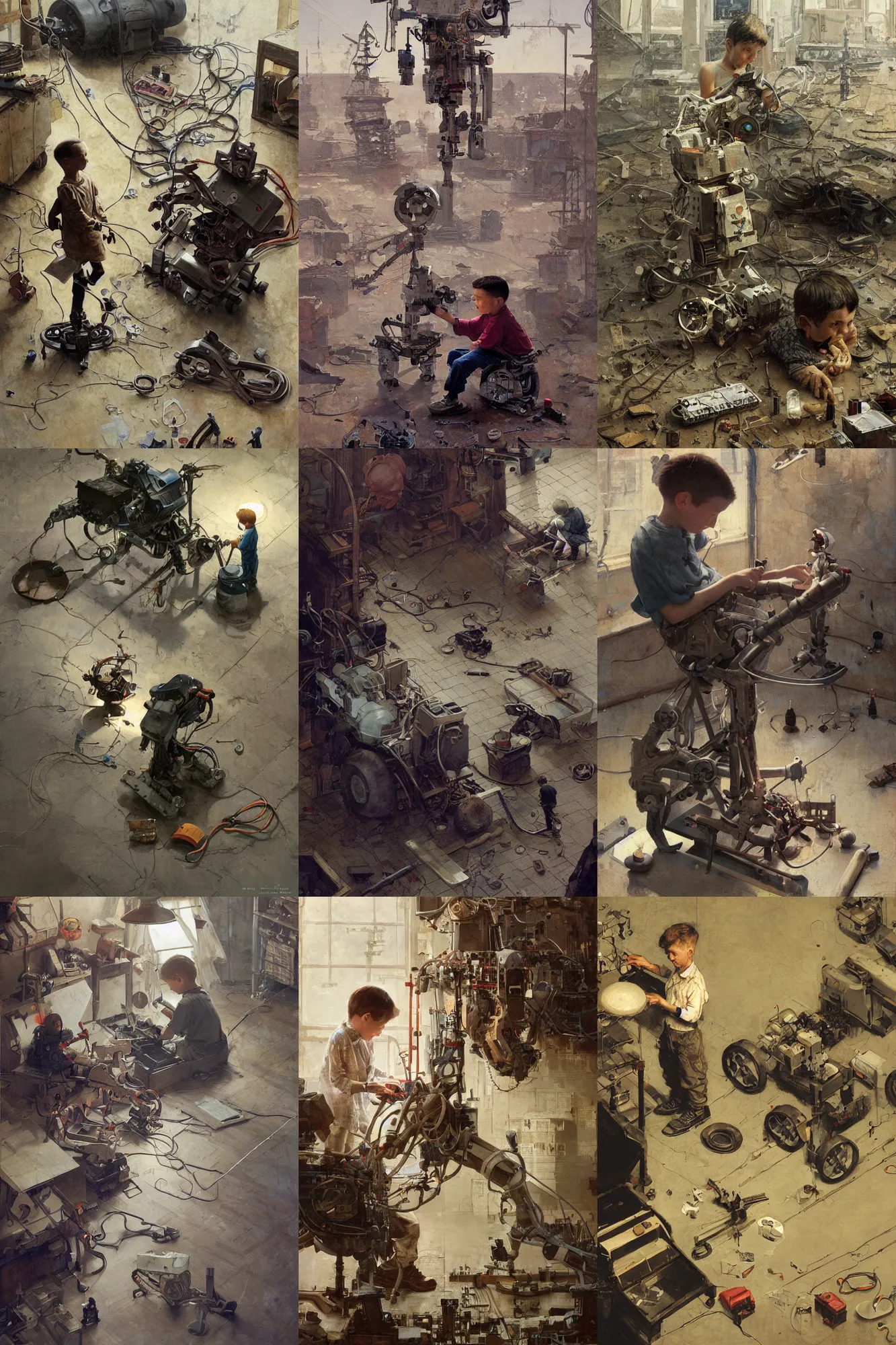 Prompt: a boy fixing his robot, part by Norman Rockwell, part by Greg Rutkowski , part by Mattias Adolfsson, high angle, volumetric lighting,, oil on canvas
