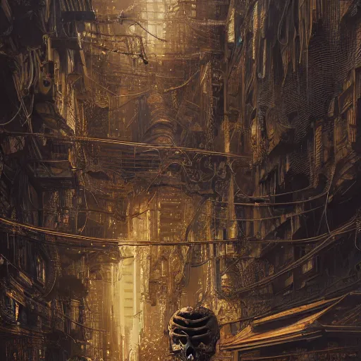 Image similar to An extremely detailed matte painting of a golden cyberpunk skeleton with highly detailed and intricate electric eyes, by android jones and greg rutkowski, Trending on artstation, hyperrealism, elegant, stylized, highly detailed digital art, 8k resolution, hd, global illumination, radiant light, detailed and intricate cyberpunk ghetto environment, rendered in octane, oil on canvas