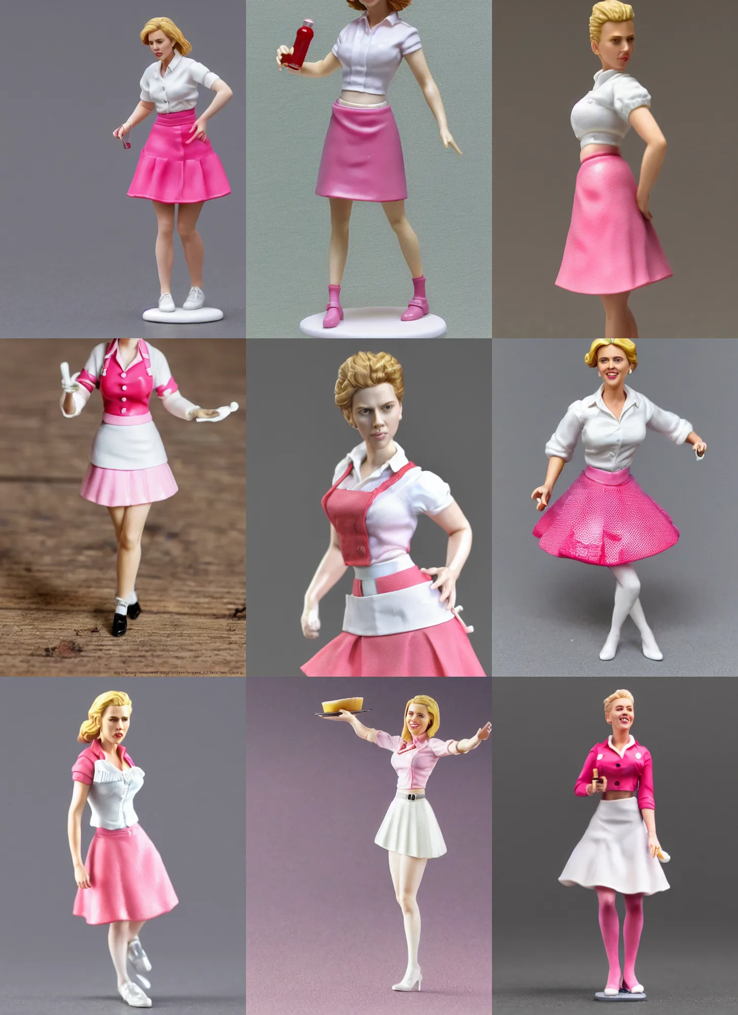 Prompt: 80mm resin detailed miniature of a Scarlett Johansson as Waitress, white blouse, Pink mini-skirt, apron, White tights, on textured base; Miniature product Photos, 4K, Full body;