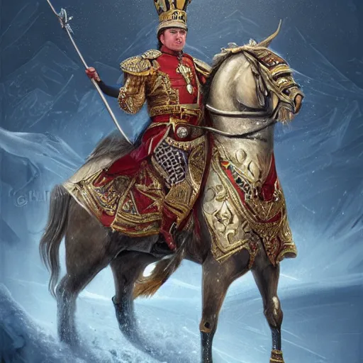 Image similar to an extremely realistic portrait depicting the coronation of viktor orban dressed in royal national costume, riding a horse on the frozen danube, detailed, intricate, elegant, highly detailed, digital painting, artstation, concept art, smooth, sharp focus, illustration,