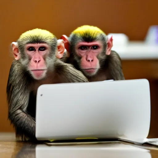 Prompt: monkeys as employees in the cubical offices, throwing bananas and folders on clients