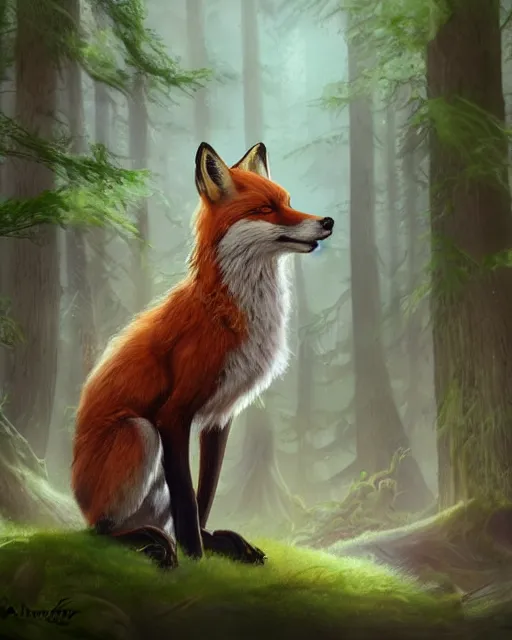 Image similar to Fox, Anthropomorphized, singing in forest, portrait, wearing hat, magical notes, fairy atmosphere, magic the gathering artwork, D&D, fantasy, cinematic lighting, centered, symmetrical, highly detailed, digital painting, artstation, concept art, smooth, sharp focus, illustration, volumetric lighting, epic Composition, 8k, art by Akihiko Yoshida and Greg Rutkowski and Craig Mullins, oil painting, cgsociety