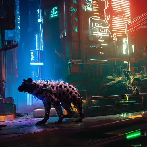 Prompt: cyborg hyena in cyberpunk 2 0 7 7, multiple wires and metal exposed, neon lights, volumetric lighting