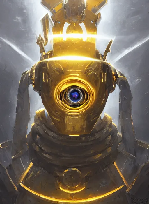 Prompt: full body, dynamic attack position abstract portrait of a intricate glorious holy mechanical warforged with circular glowing eye, character in yellow armor holding a paladin engraved great longsword drawn and carrying a big paladin shield, vertically flat head, face in focus, pit droid, epic , trending on ArtStation, masterpiece, cinematic lighting, by Ross Tran and by Greg Rutkowski