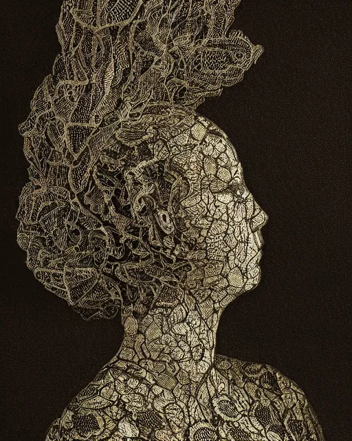 Prompt: a woman's face in profile, made of intricate decorative lace leaves, in the style of the dutch masters and gregory crewdson, dark and moody