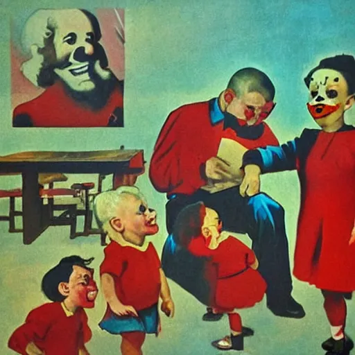 Image similar to communist clown painting soviet propaganda style in poster style portrait hungry children in the background