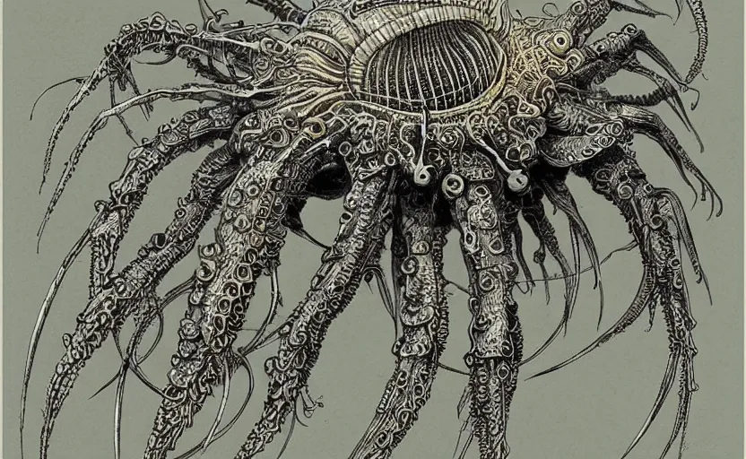 Image similar to sci - fi biomechanical, monster character design, fantasy. intricate jellyfish crab eagle lizard biomechanical. by ernst haeckel