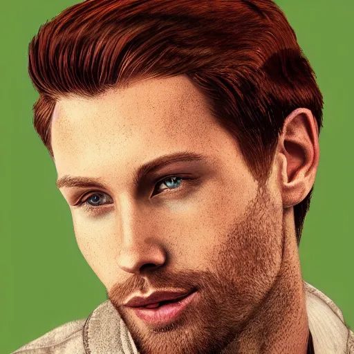 Image similar to professional digital art of a man with natural reddish - brown hair and green eyes, popular, high quality, highly detailed, hd, 4 k