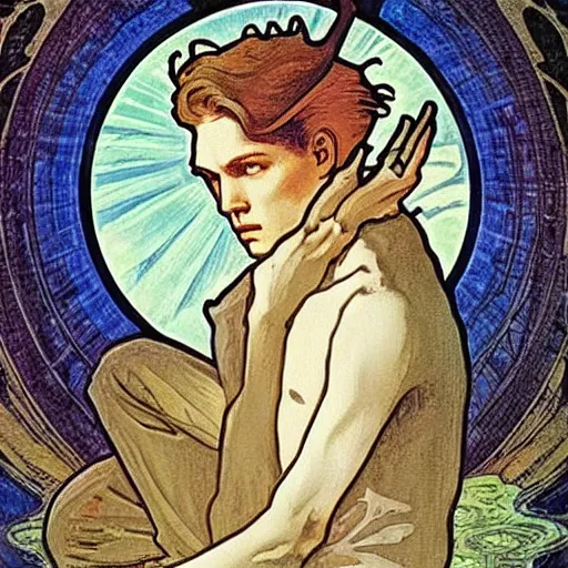 Image similar to thomas newton, the man who fell to earth, mucha style,