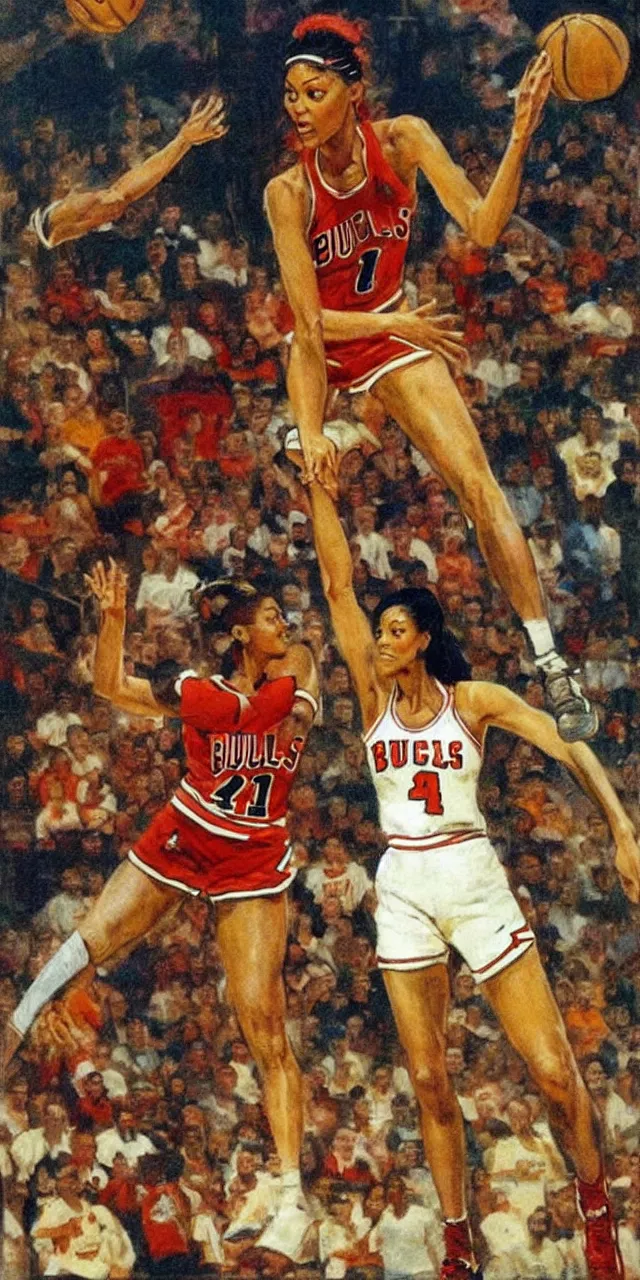 Image similar to candace parker playing basketball in a chicago bulls jersey, art by frank frazetta,