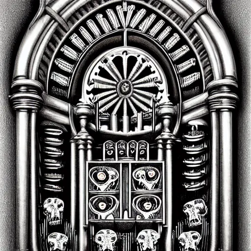 Image similar to a pipe organ made out of skulls, digital art, highly detailed, high quality, high resolution