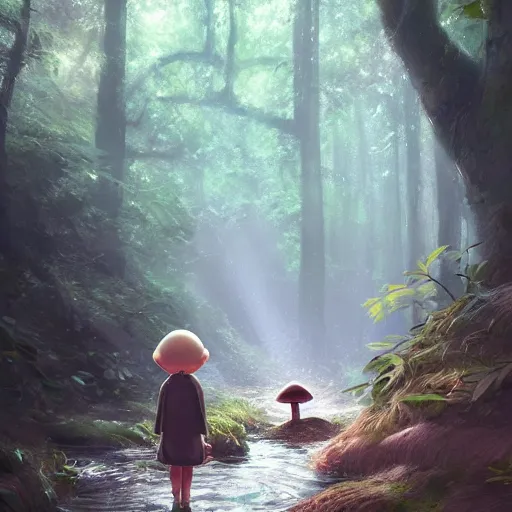 Image similar to a tiny mushroom person with a mushroom for a head walking by a stream in a lush forest. dramatic lighting cgsociety masterpiece, artstation trending, by rossdraws, ghibli, Kimi no Na wa, greg rutkowski, 4k, digital art, concept art, trending on artstation