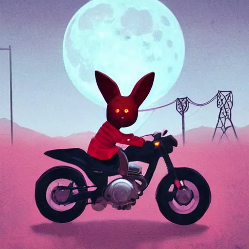 Image similar to bunny wearing a leather jacket riding a motorbike during sakura season on a blood moon by simon stalenhag, rule of thirds, dynamic pose, action pose, beautiful landscape