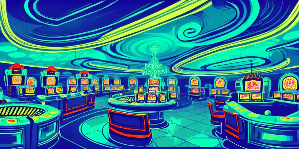 Image similar to extreme wide angle curly perspective digital art of indoor casino with a stage pale colors by anton fadeev from nightmare before christmas