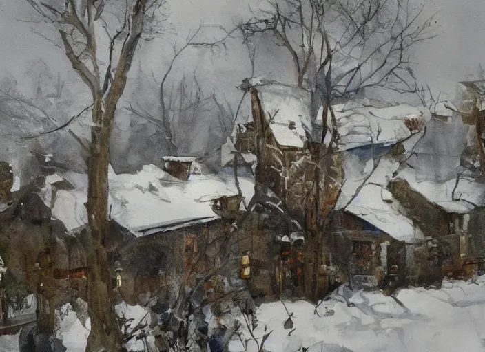 Image similar to watercolor winter landscape, glistering, high detailed art by dennis miller bunker, work by anders zorn, wonderful masterpiece by greg rutkowski, beautiful cinematic light, american romanticism by greg manchess, creation by tyler edlin