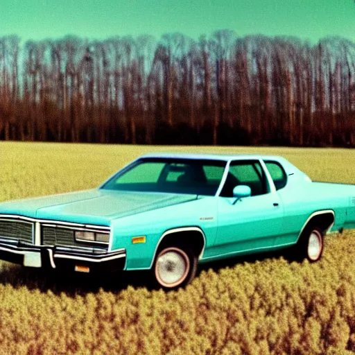 Image similar to A photograph of a beater faded Powder Blue Dodge Aspen (1976) in a farm field, photo taken in 1989