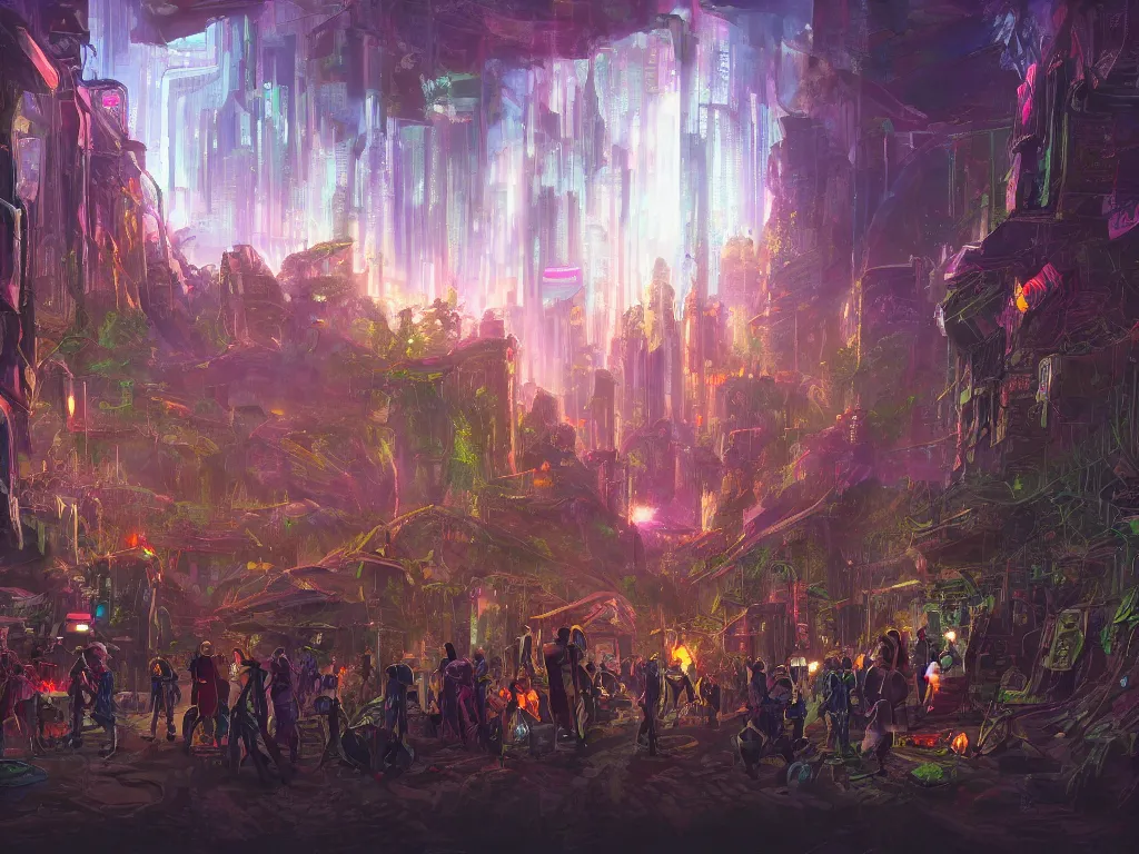 Prompt: a professional painting of a mystical cyberpunk tribe gathering at a magical location in the forest lit by fire and intense laser lights extreme wide angle view from below