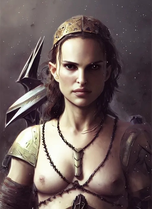 Image similar to young natalie portman, legendary warrior, warframe, lord of the rings, tattoos, decorative ornaments, battle armor, carl spitzweg, ismail inceoglu, vdragan bibin, hans thoma, greg rutkowski, alexandros pyromallis, cute, perfect face, detailed, sharply focused, centered, rule of thirds, photorealistic shading