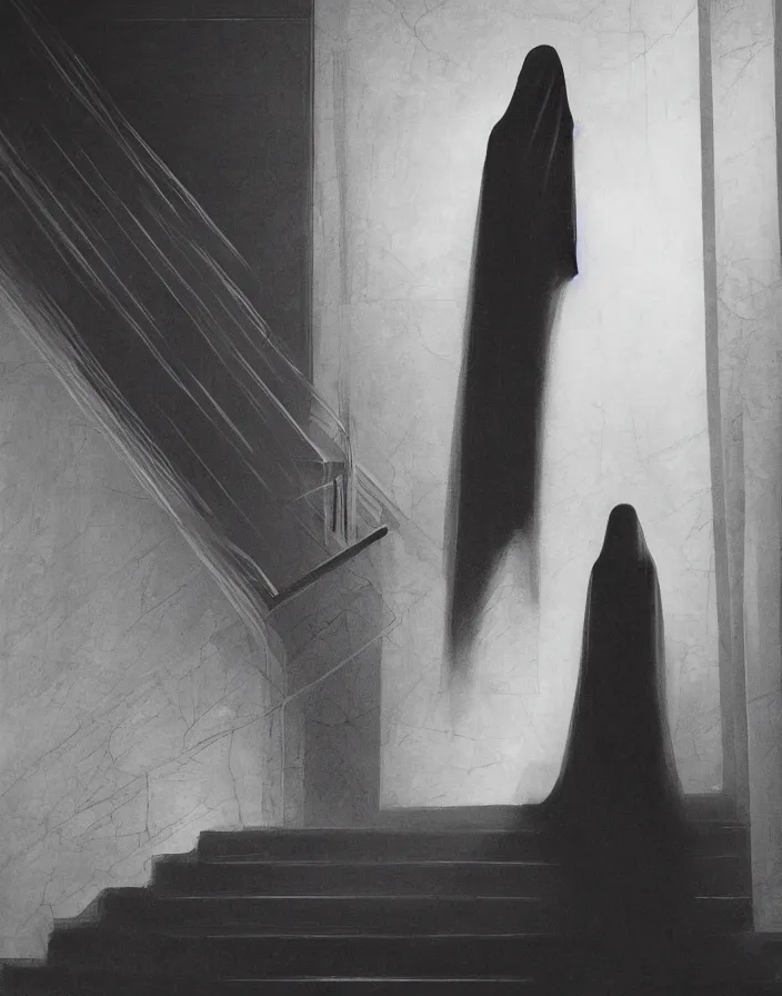 Prompt: a figure shrouded in a long trailing pitch black gown, descending a giant marble staircase in a dark room, photorealism, hyperrealism, harsh lighting, dramatic lighting, medium shot, serious, gloomy, foreboding, cinematic