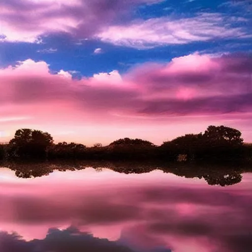 Prompt: dreamland surreal infinite rose colored sky with feathery blush colored clouds over a body of calm flat reflective pink water looking out to the horizon
