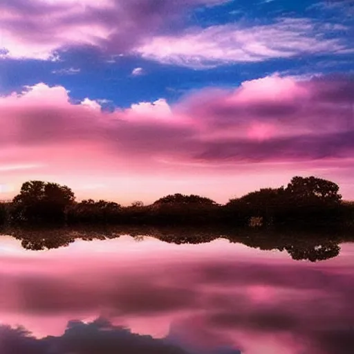 Image similar to dreamland surreal infinite rose colored sky with feathery blush colored clouds over a body of calm flat reflective pink water looking out to the horizon