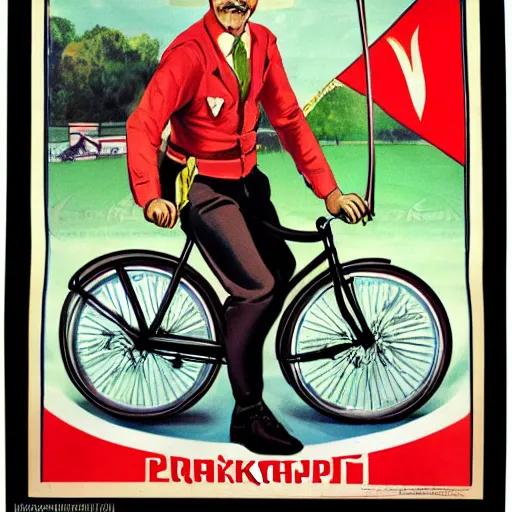 Image similar to portrait of mayor of budapest gergely karacsony riding a bicycle in summer shirt, soviet propaganda poster, hungarian flag in the background, colored, artgerm, highly detailed