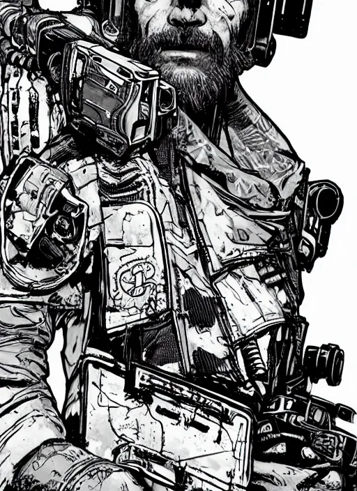 Prompt: cyberpunk blackops commander. ruggedly handsome. night vision. portrait by ashley wood and alphonse mucha and laurie greasley and josan gonzalez and james gurney. spliner cell, apex legends, rb 6 s, hl 2, d & d, cyberpunk 2 0 7 7. realistic face. dystopian setting.