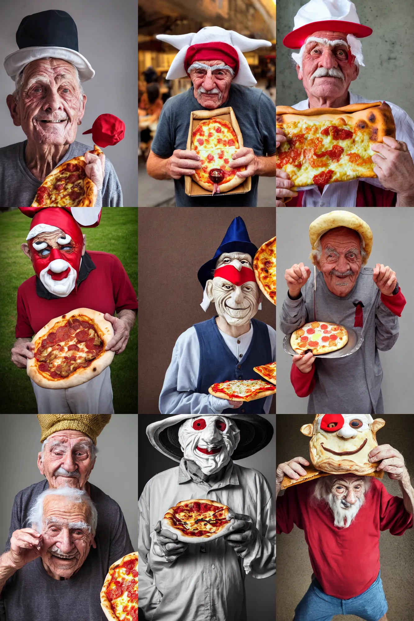 Prompt: close - up portrait of a wrinkled old man wearing a pulcinella mask holding up a pizza!! to behold, clear eyes looking into camera, baggy clothing and hat, masterpiece photo by lisa kristine