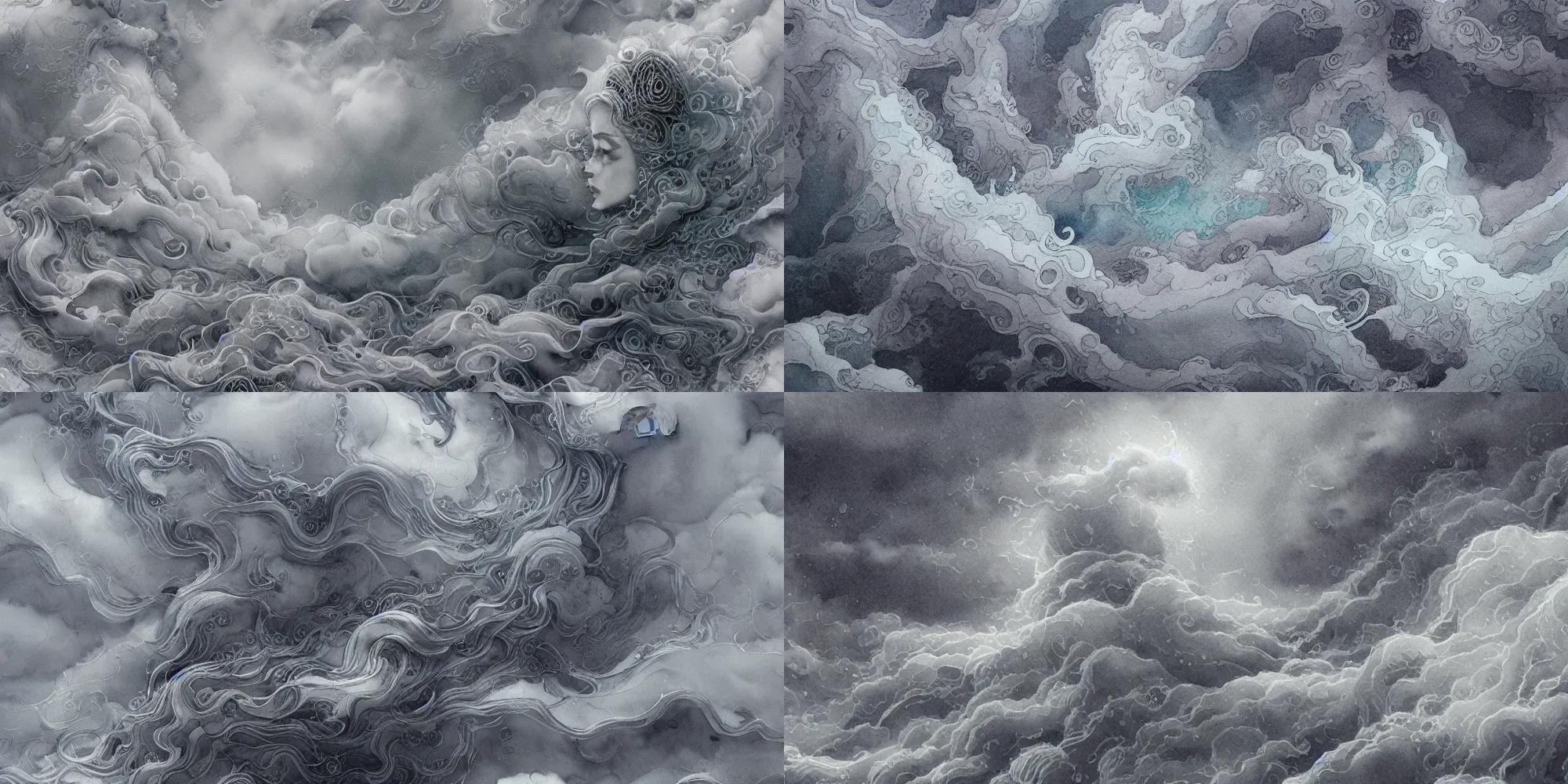 Prompt: an intricate ornate detailed watercolor painting of a grey sea storm, the spray and rain forming into a pale chubby sea goddess with black hair, octane renderman, quixel megascan, trending on artstation, artgerm, cgsociety, deviantart, all the cool sites