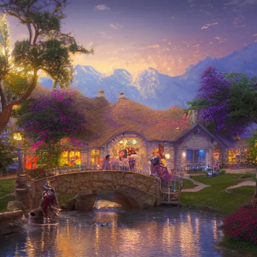 Prompt: A New Zealander and his six kids in College Station have been keeping up with The Hollywood world wide web, by like management thomas kinkade, still life evolving, incredible digital illustration trending on artstation wide matte painting trending on art