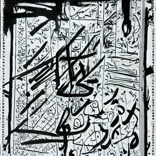 Prompt: arabic calligraphy with elements of transylvanian folk art, in the style of graffiti, made by jean michel basquiat