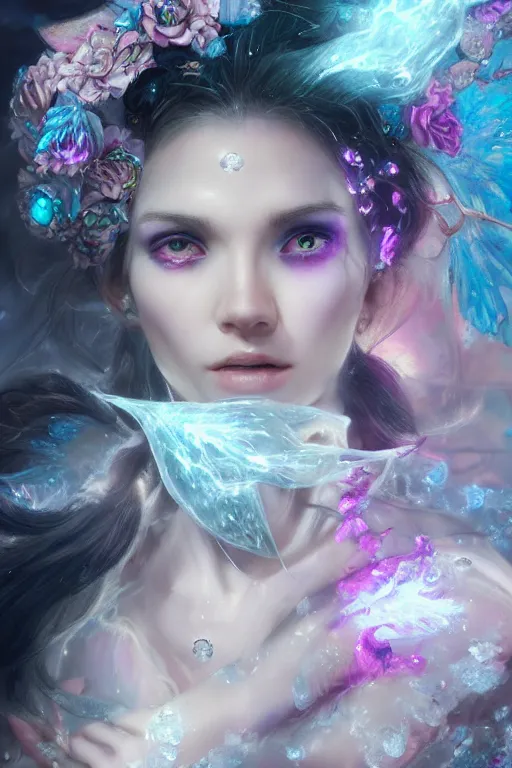 Image similar to face closeup covered with ice of extremely beautiful girl necromancer, magical fairy flowers and ice velvet, diamonds, angels, 3 d render, hyper - realistic detailed portrait, holding fire and electricity rainbow, ruan jia, wlop. scifi, fantasy, magic the gathering, hyper detailed, octane render, concept art, peter mohrbacher