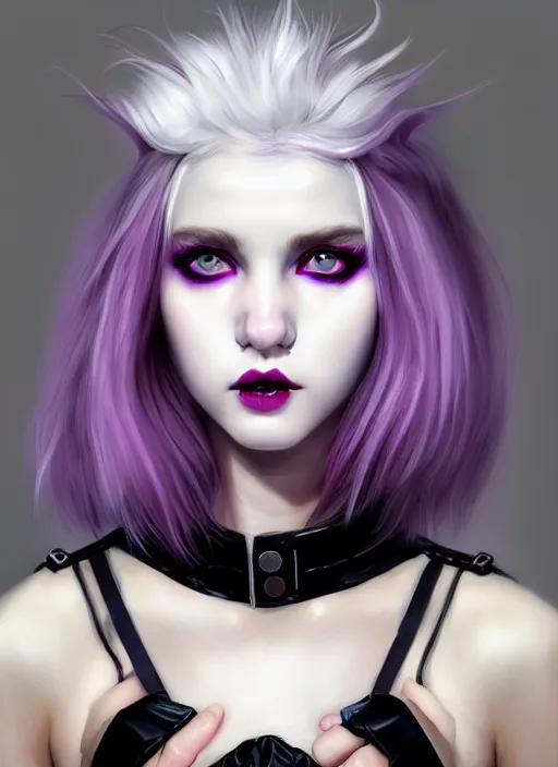 Image similar to portrait of white teenage girl, normal face, white bangs, mall goth, cyberlox, black and white hair, bangs, fluffy bangs, red contact lenses, purple lipstick, intricate, elegant, highly detailed, digital painting, artstation, concept art, sharp focus, smooth, illustration, art by wlop, mars ravelo and greg rutkowski