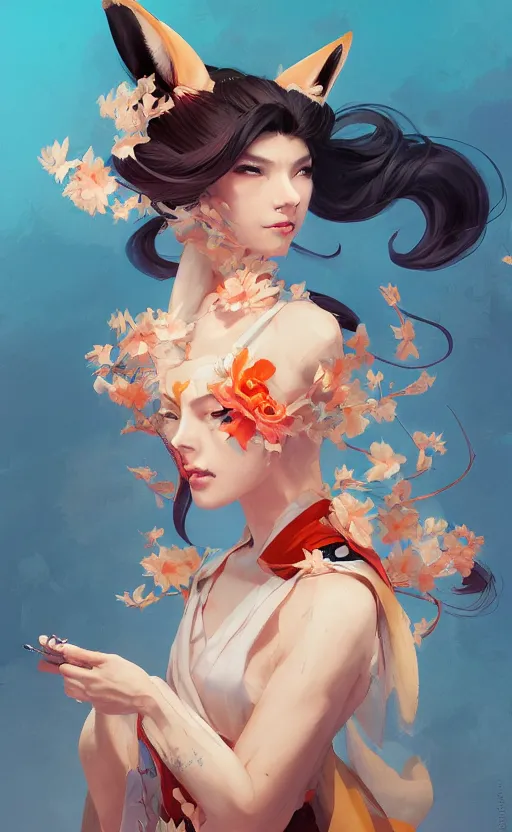 Image similar to An beautiful digital painting of a woman with fox ears and nine tails wearing a kimono, by Stanley Artgerm Lau, WLOP, Rossdraws, James Jean, Andrei Riabovitchev, and Marc Simonetti, trending on artstation