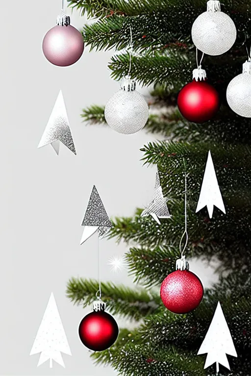 Image similar to flat sticker scandi christmas tree with kitsch glitzy baubles and stars and christmas robin bird decorations, silver pink white red mood, smooth sharp focus