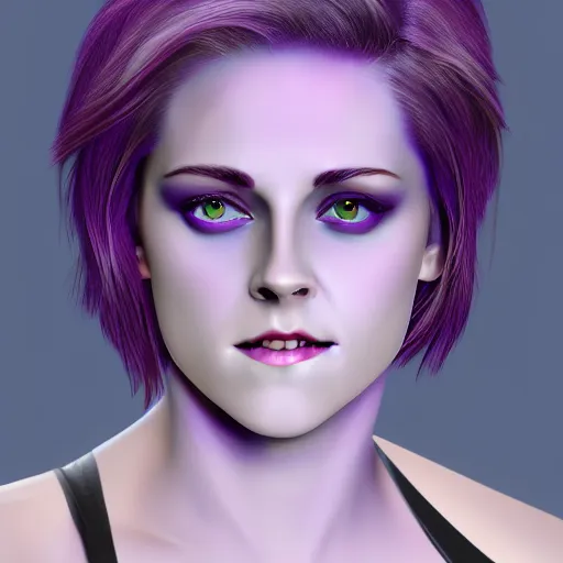 Image similar to Purple skinned Kristen Stewart as a smiling Elf wizard smooth purple skin!, + purple skin Photorealistic digital art trending on artstation, artgem, 4k HD.