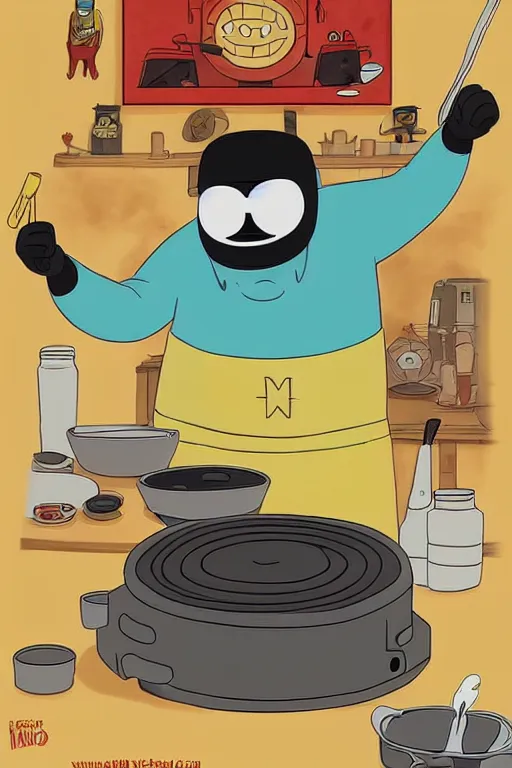 Image similar to mf doom making pancakes in style of adventure time, animation pixar style, by pendleton ward, magali villeneuve, artgerm, rob rey and kentaro miura style, golden ratio, trending on art station