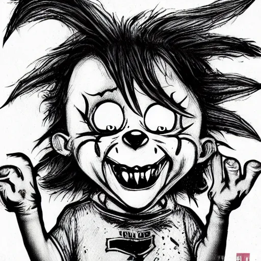 Prompt: grunge drawing of chucky in the style of dr seuss | horror themed | loony toons style