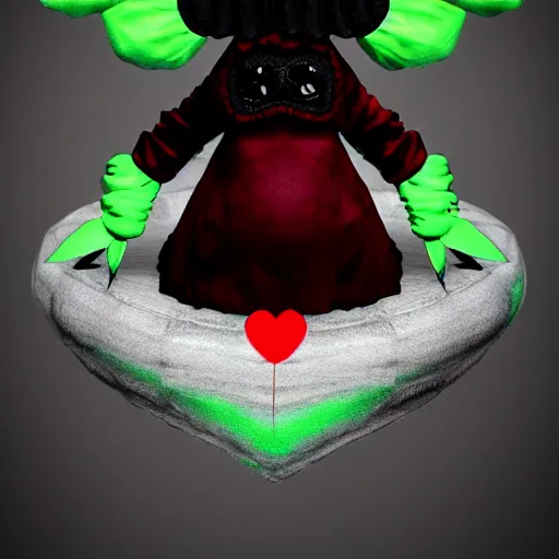 Prompt: cute fumo plush of a void imp who crawled out a hole in reality, anime girl, black and red, green ribbon and heart, ruffled and tattered dress, symmetry, gothic, vray