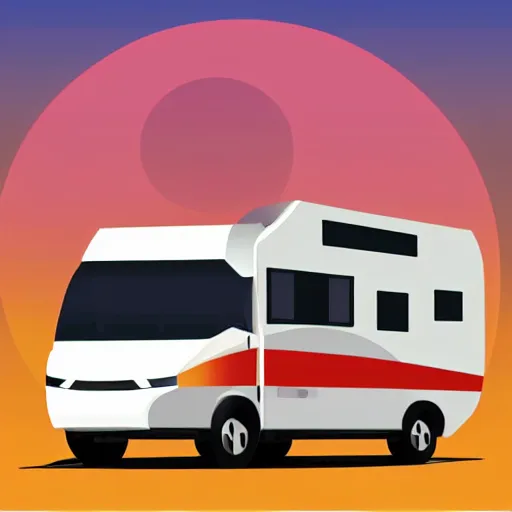 Prompt: very very very stylized minimal vector graphic of a thor chateau motorhome, hills and sunset, white background, all enclosed in a circle, professional minimal graphic design cartoon