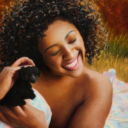 Prompt: pregnant black woman with curly hair, laying down, a tiny black puppy running around, golden hour, vintage, impressionist painting, fine art, oil painting, dreamy, pastel, laughing, happy, intricate details, sharp, peaceful, serene