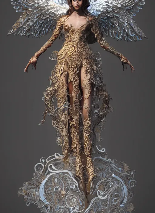 Image similar to intricately designed full body concept art illustration of an angel in intricately designed clothes, octane render, 4k, digital art