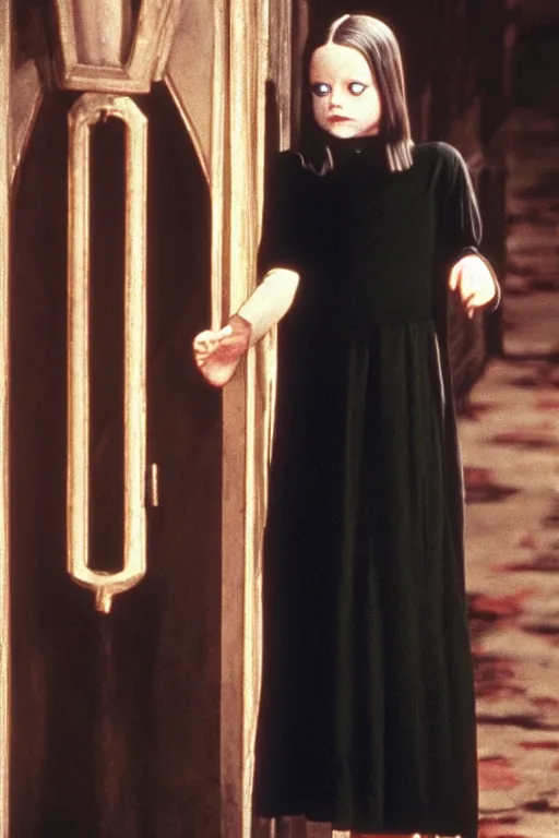 Image similar to Young Jodie Foster as Wednesday in The Addams Family movie 1991, iconic black dress, color