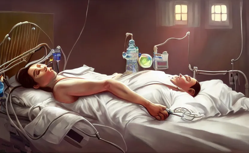 Image similar to Putin lies in hospital bed with an oxygen mask, intricate, portrait, highly detailed, digital painting, artstation, concept art, smooth, sharp focus, illustration, cinematic lighting, art by artgerm and greg rutkowski and alphonse mucha