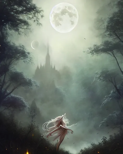 Image similar to attractive fairy goddness fly high in the night, d & d, fantasy, mist, full moon in background, trees, hyper detailed, art by artgerm and greg rutkowski and magali villeneuve, midium shot, 8 k realistic, cryengine, digital painting, trending on artstation, concept art, sharp focus, illustration,