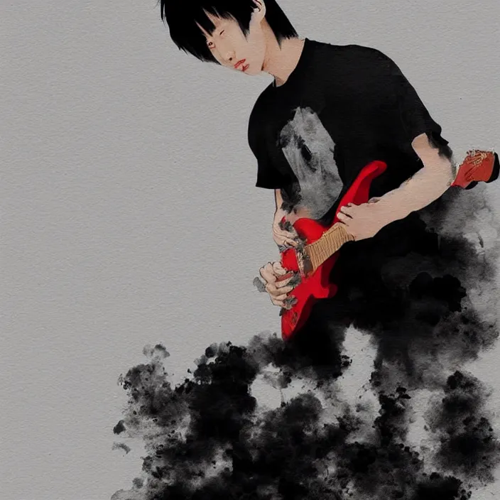 Prompt: a young korean man wearing black t shirt holding an electric guitar!! in dark room, dramatic smoke, contrast lighting, matte colors, thought provoking, by conrad roset, dramatic brush painting, trending on artstation